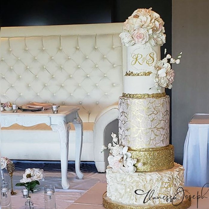 white, gold and pink blush romantic wedding cake