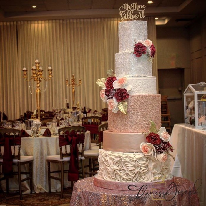 White, rose gold and burgundy romantic wedding cake
