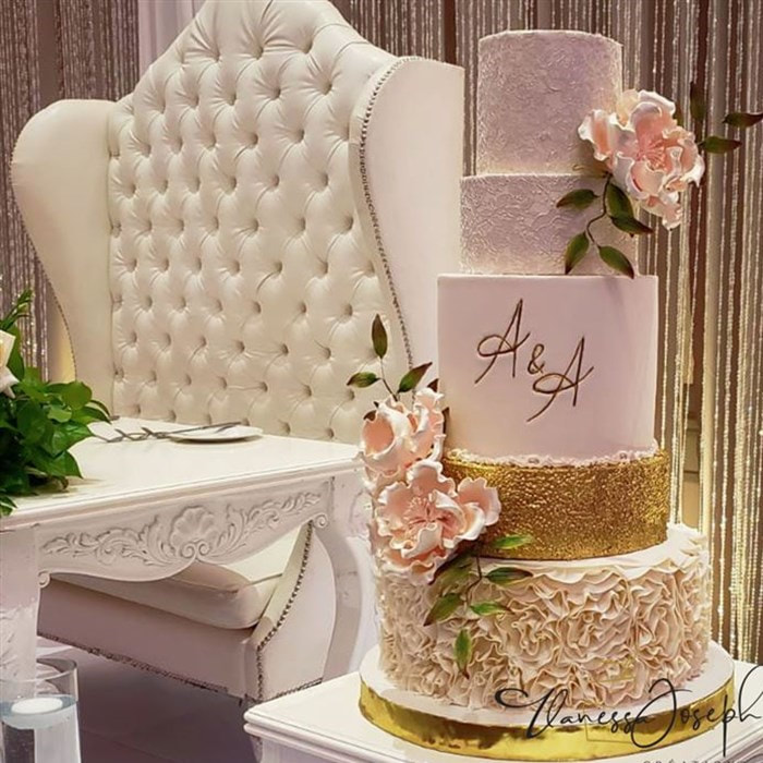 White, gold and pink blush wedding cake